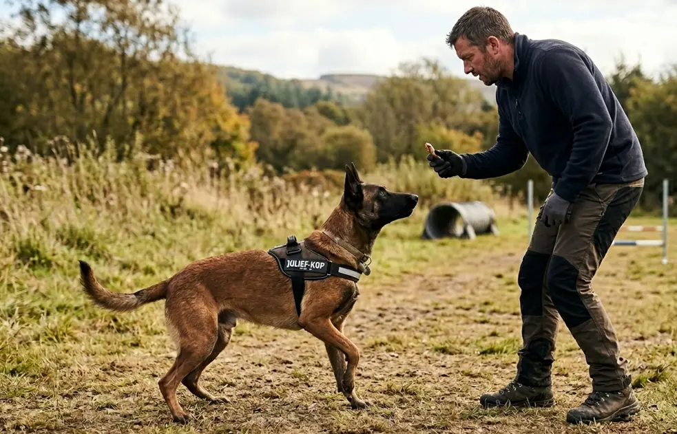 Belgian Malinois obedience training with handler using positive reinforcement