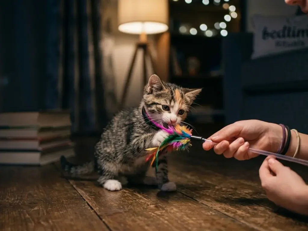 Cat playing with wand toy before bedtime to reduce nighttime meowing