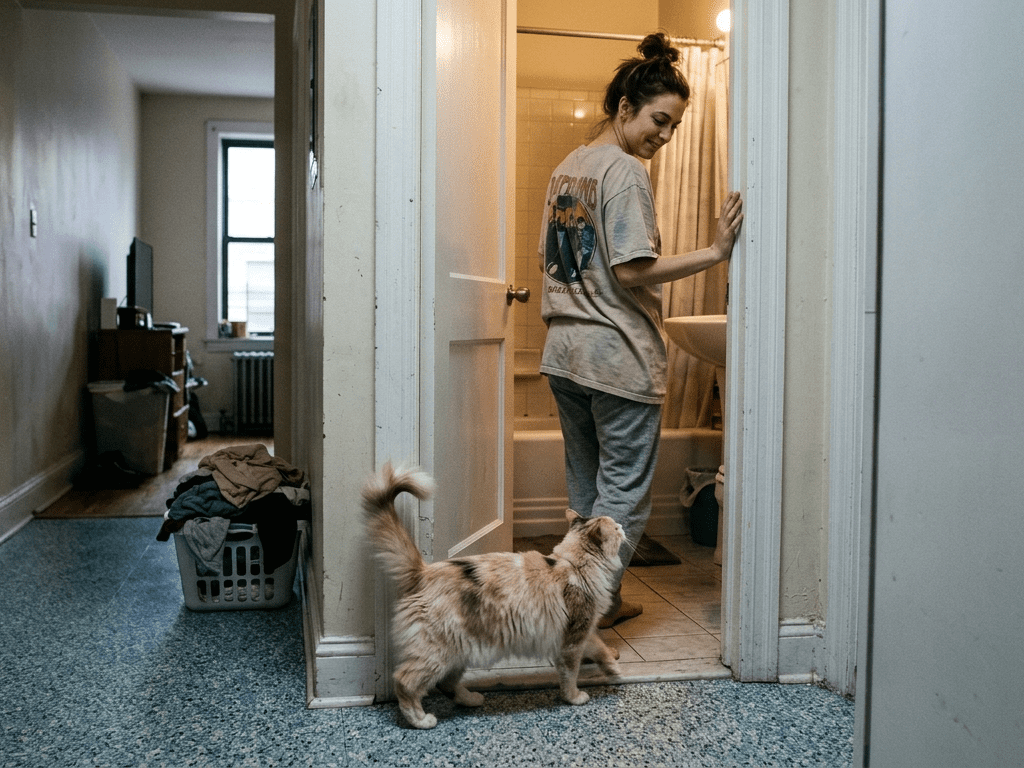 Cat following owner everywhere including to the bathroom