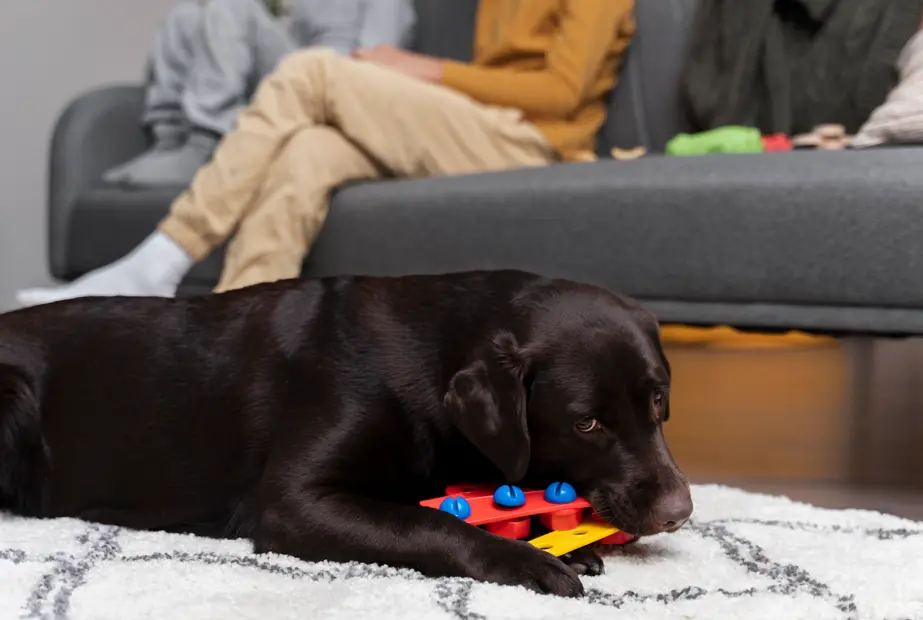 Dog using a puzzle toy for enrichment and food rewards