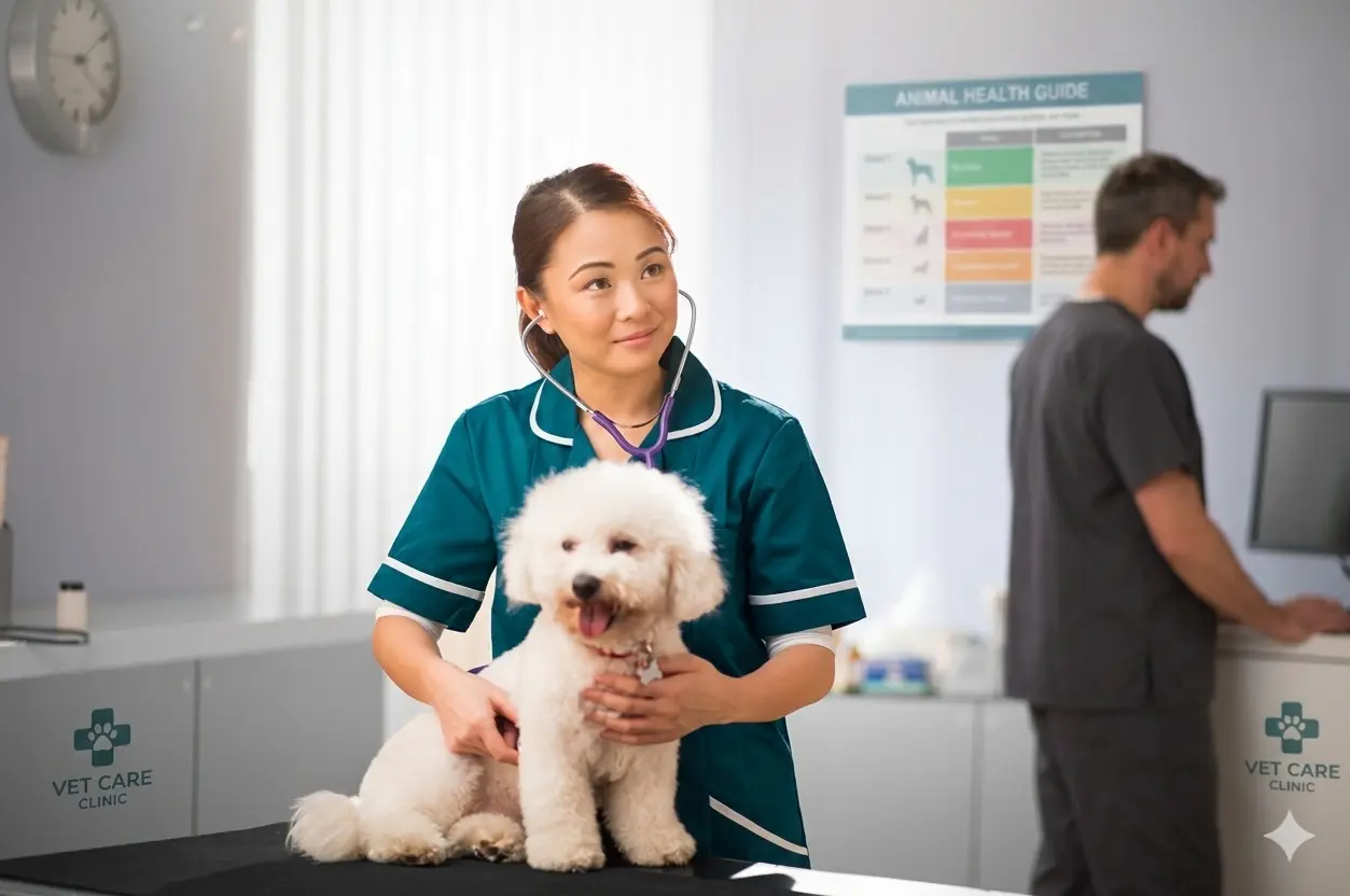 Veterinarian performing a thorough health checkup on a dog