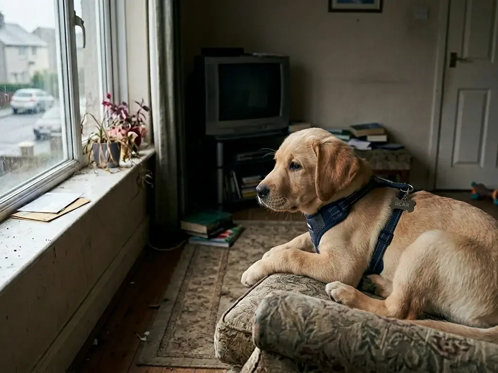 Dog sitting alone at home while the owner is away