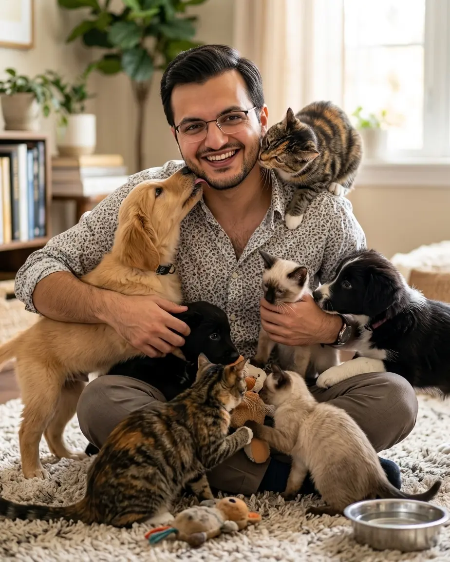 Owner gently caring for a calm, healthy cat&dog at home
