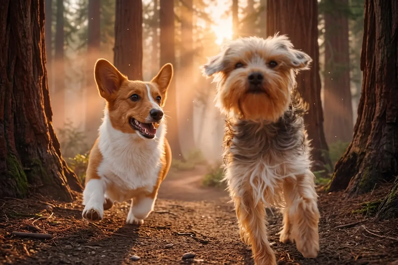Two healthy dogs playing freely together in an open field
