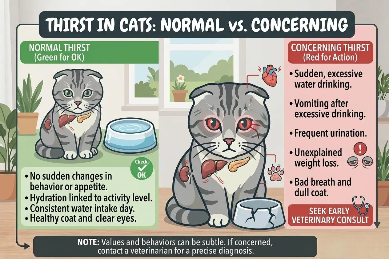 Infographic comparing normal and concerning cat thirst.