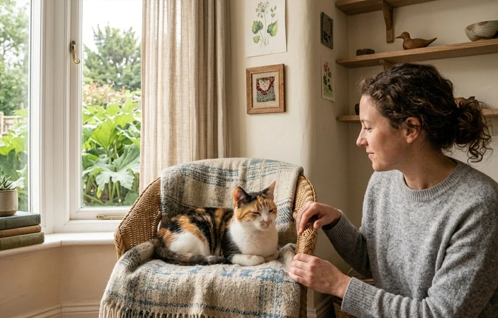 Cat showing a calm slow blink near a person