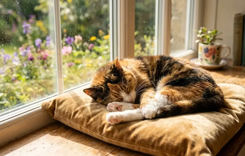  cat sleeping in sunlight 