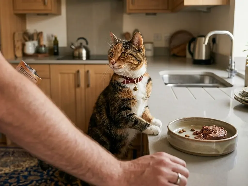 Cat staring for food or attention near a feeding area