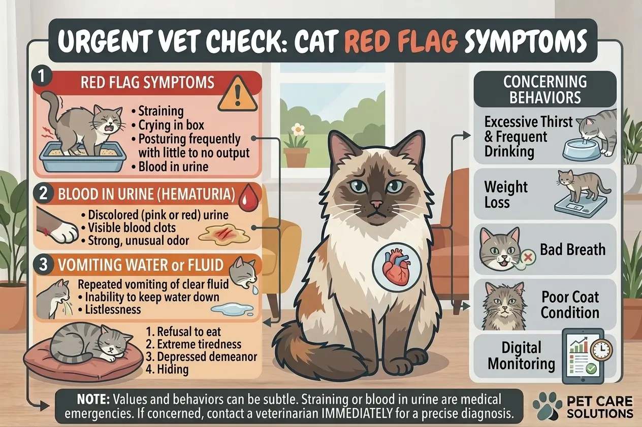: Infographic of warning signs for excessive thirst in cats.