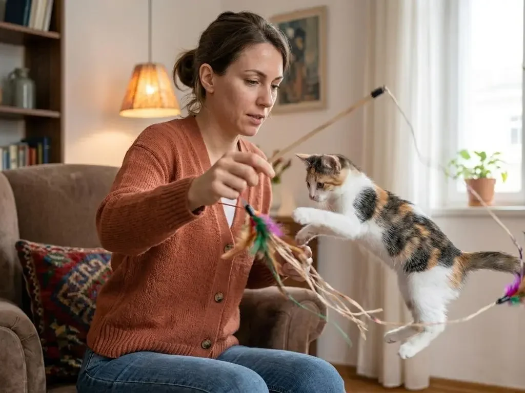 Owner redirecting cat biting behavior with a toy.