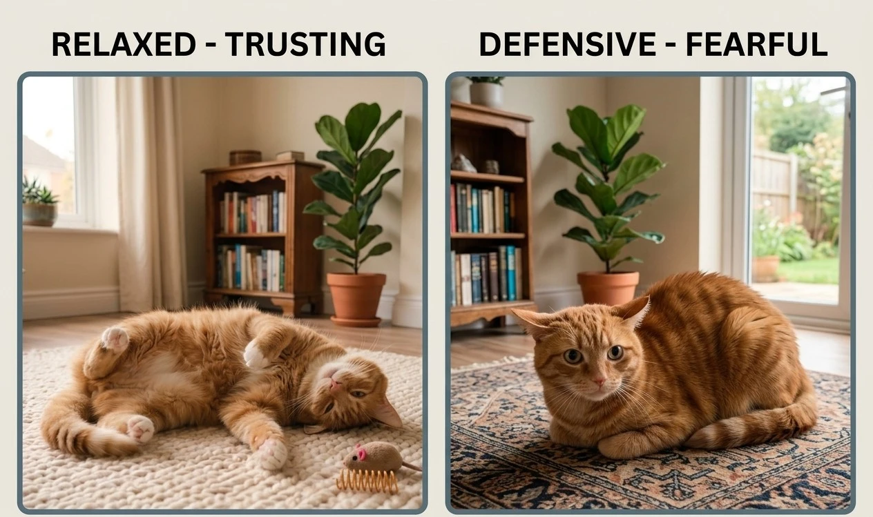 Relaxed and defensive cat belly-up body language.