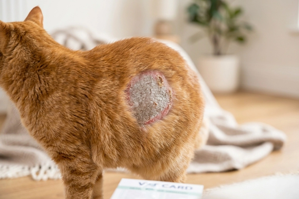 Cat with ringworm causing circular hair loss