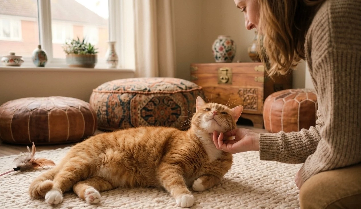 Owner gently petting a cat on the cheek and chin