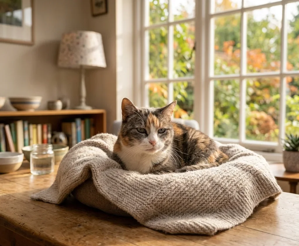 Senior cat resting comfortably in a sunny home