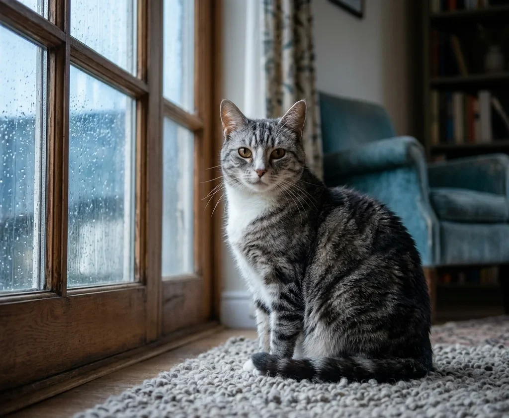 Mature tabby cat looking through a window