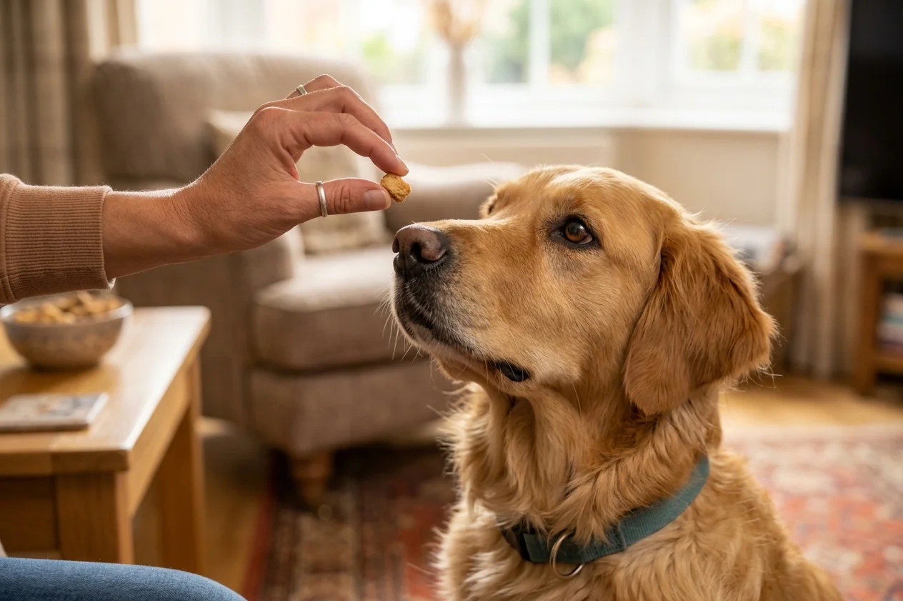 Dog following a treat lure into a sit position