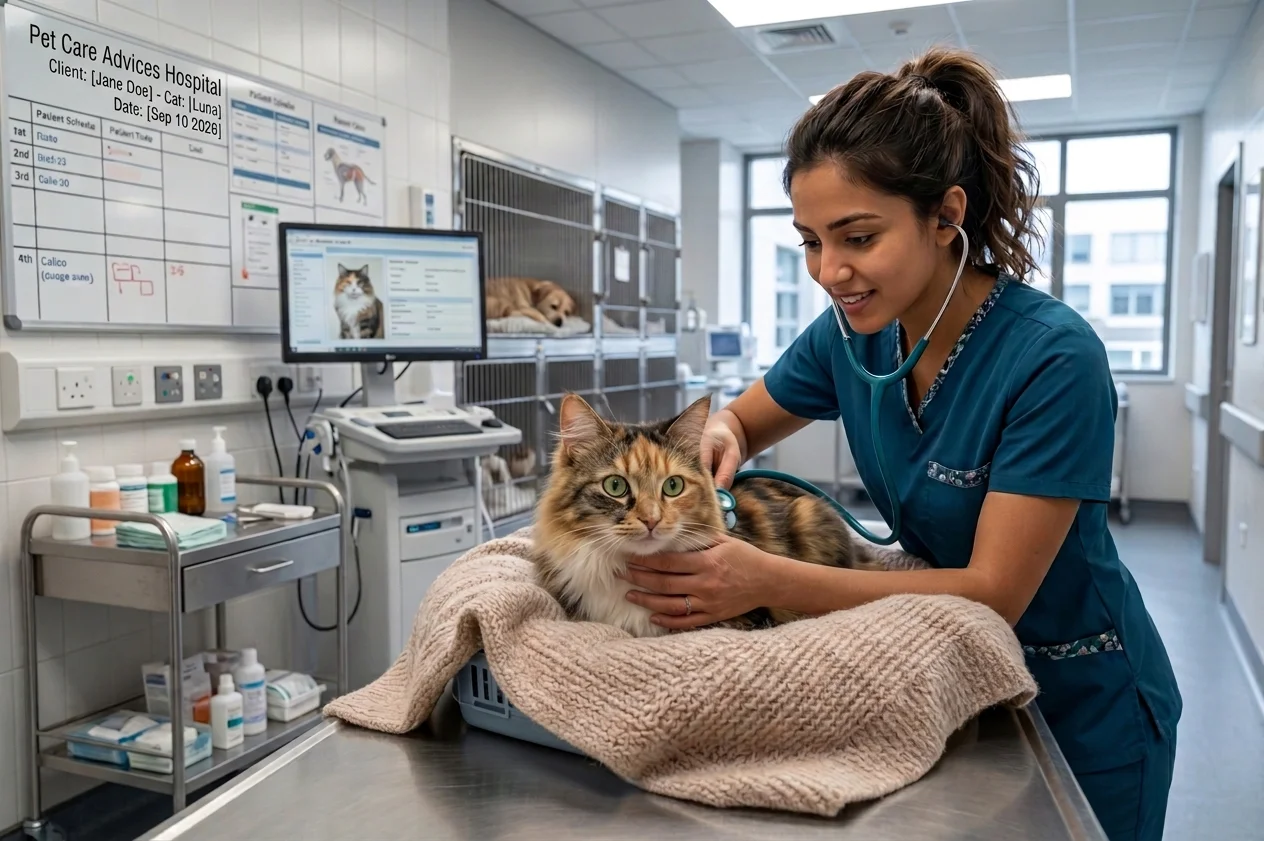 Veterinarian examining a senior cat during a wellness check