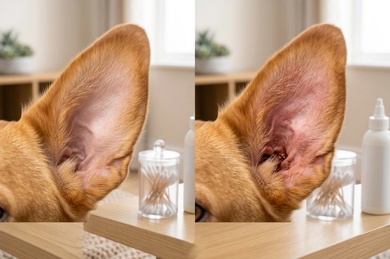 Healthy dog ear compared with an irritated ear
