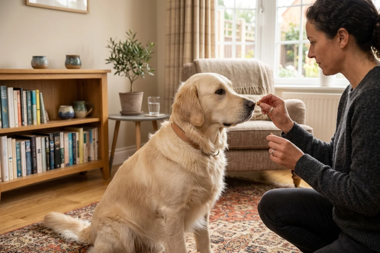 Owner rewarding a dog for naturally offering a sit