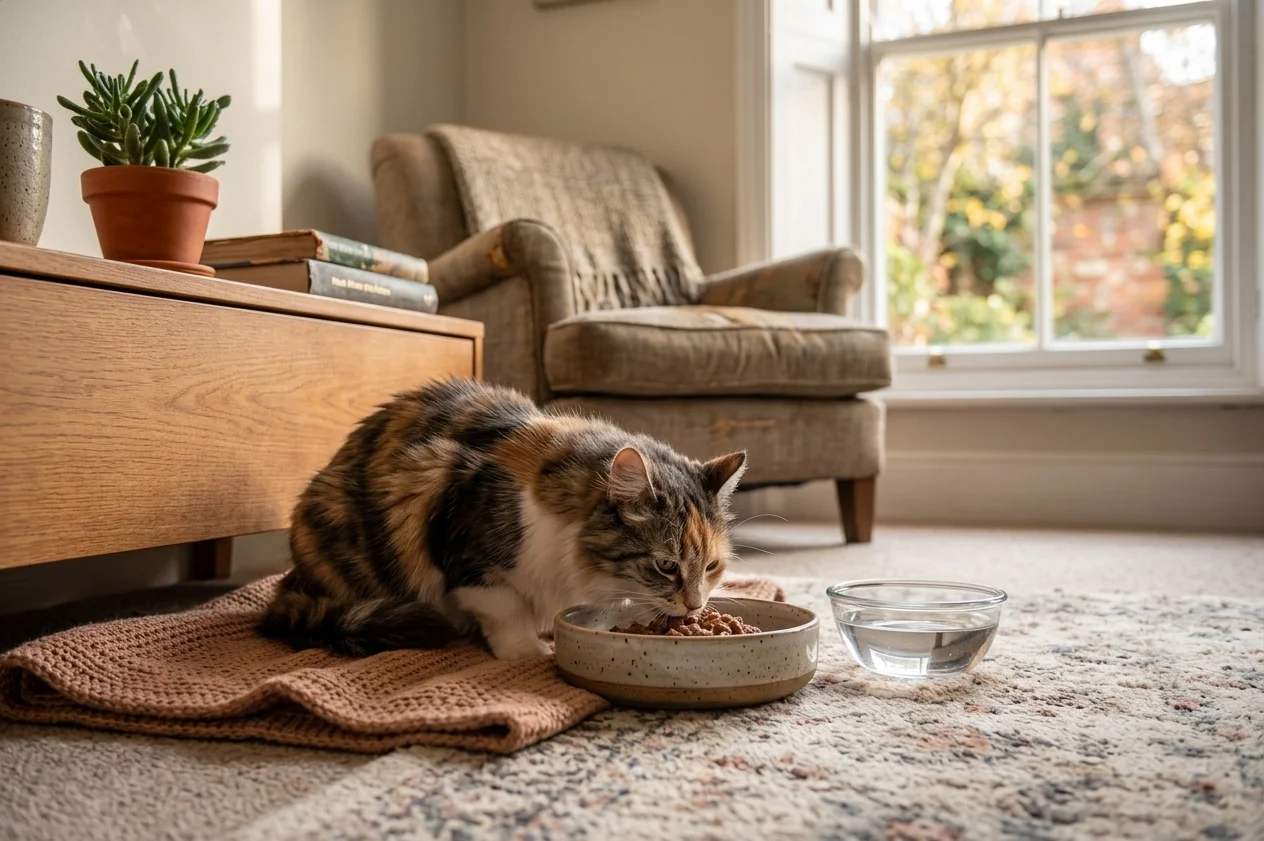 Senior cat eating wet food beside fresh water