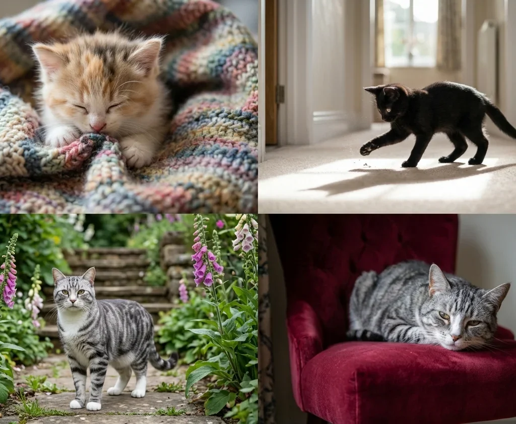 Cats shown across different life stages