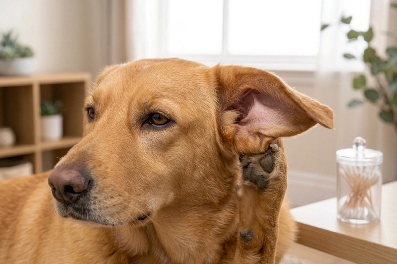 Dog scratching an irritated ear