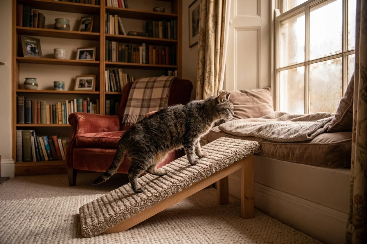 Senior cat using a ramp to reach a favorite resting place