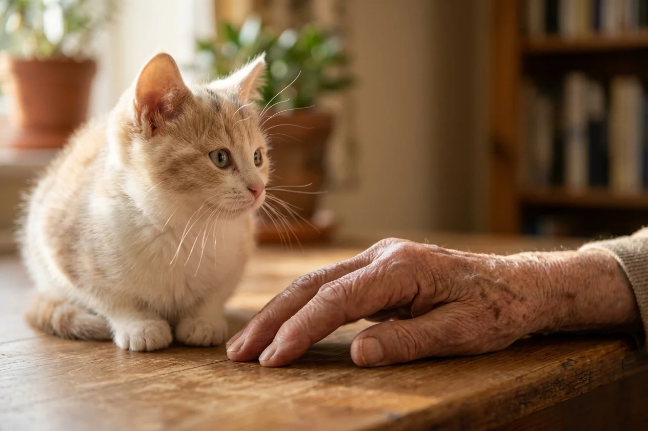 Cat and human aging represented through a gentle close-up