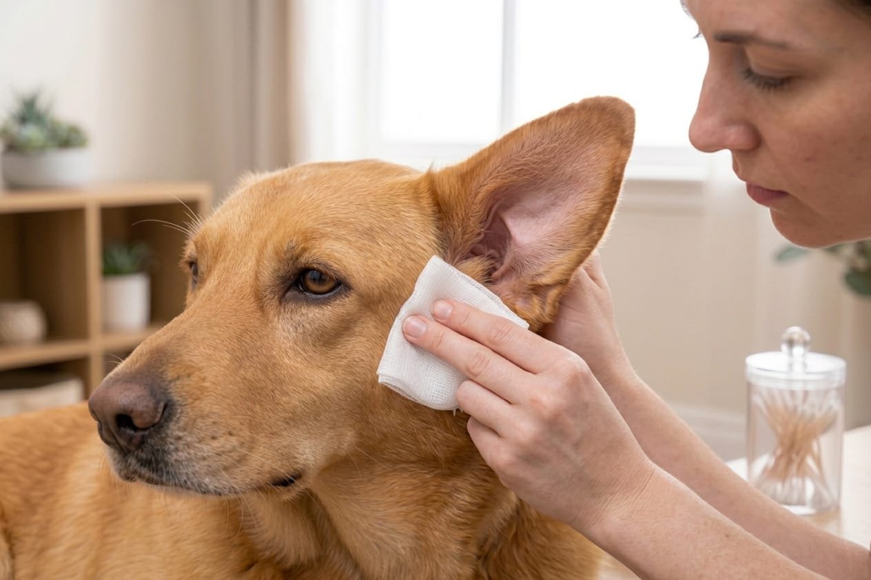 Owner gently cleaning the outside of a dog’s ear with gauze