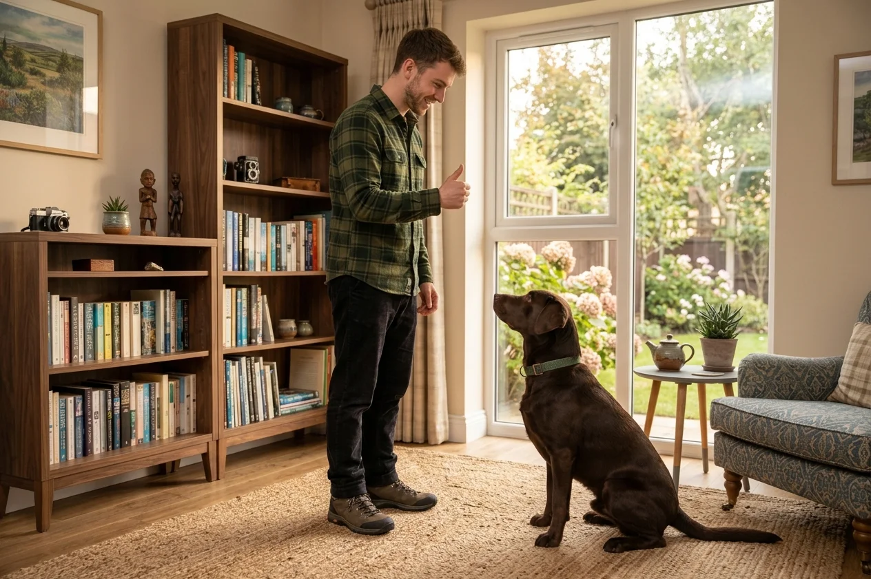 Dog practicing sit with duration before release
