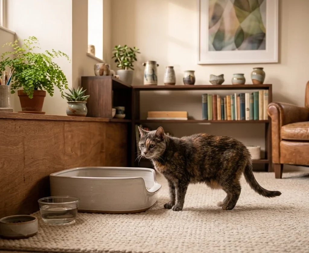 Low-entry litter box setup for a senior cat
