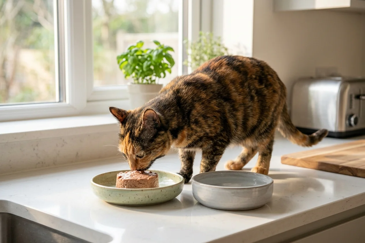 Healthy cat eating a measured balanced meal