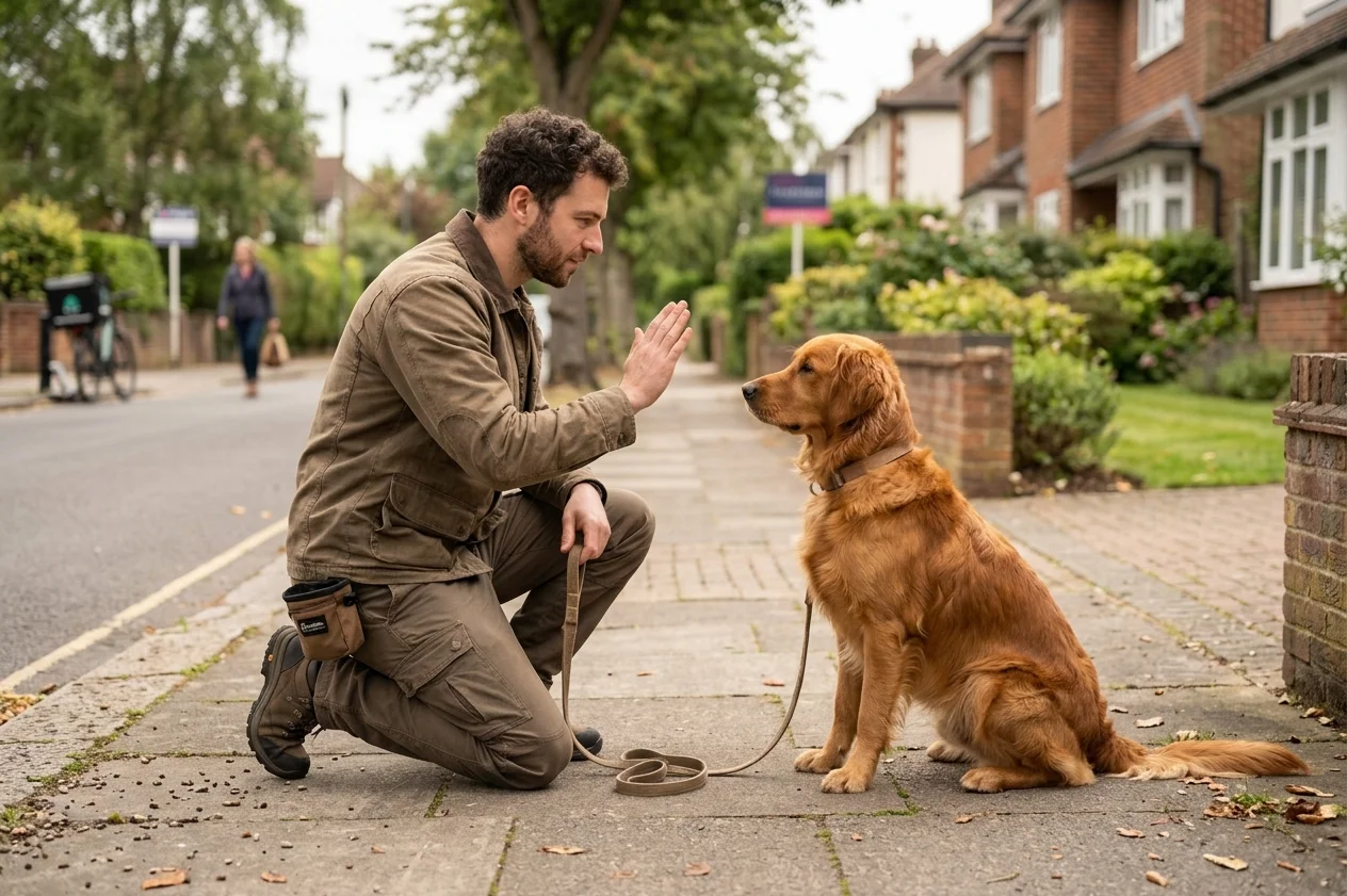 Practicing sit command with a dog on a sidewalk