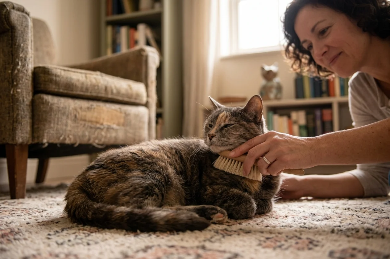 Owner gently grooming a senior cat