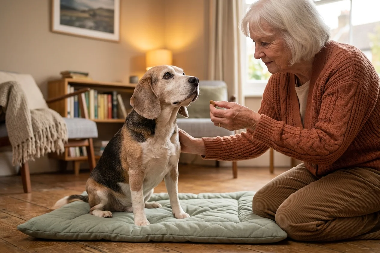 Senior dog practicing sit on a comfortable surface