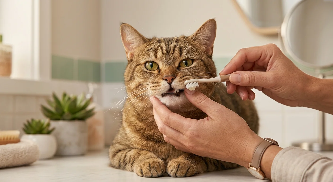 Owner gently brushing a cat’s teeth