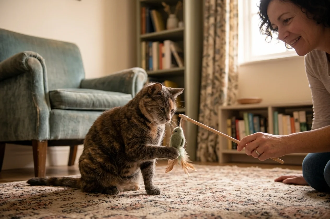 Senior cat enjoying gentle interactive play