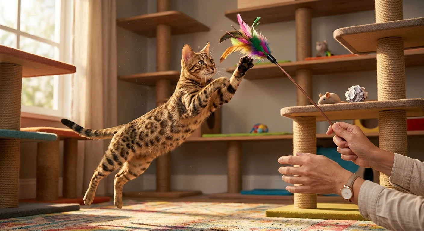 Cat exercising through interactive indoor play