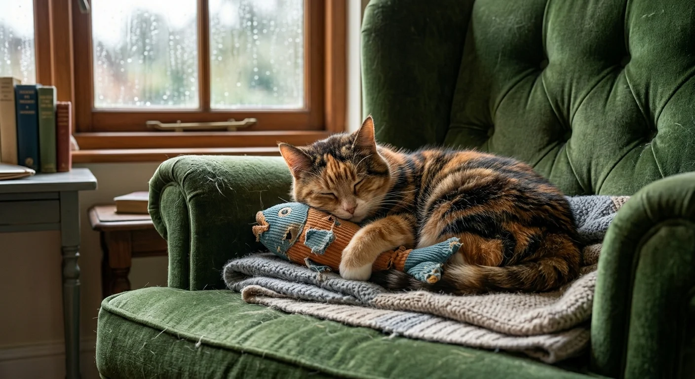 Senior cat resting with a favorite comfort toy