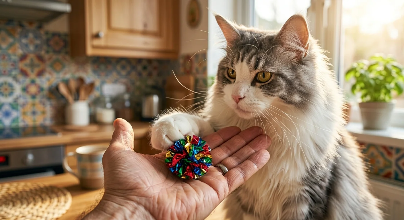 Cat placing a toy in its owner’s hand