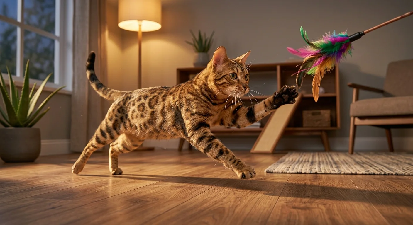 Cat practicing hunting behavior with a feather toy