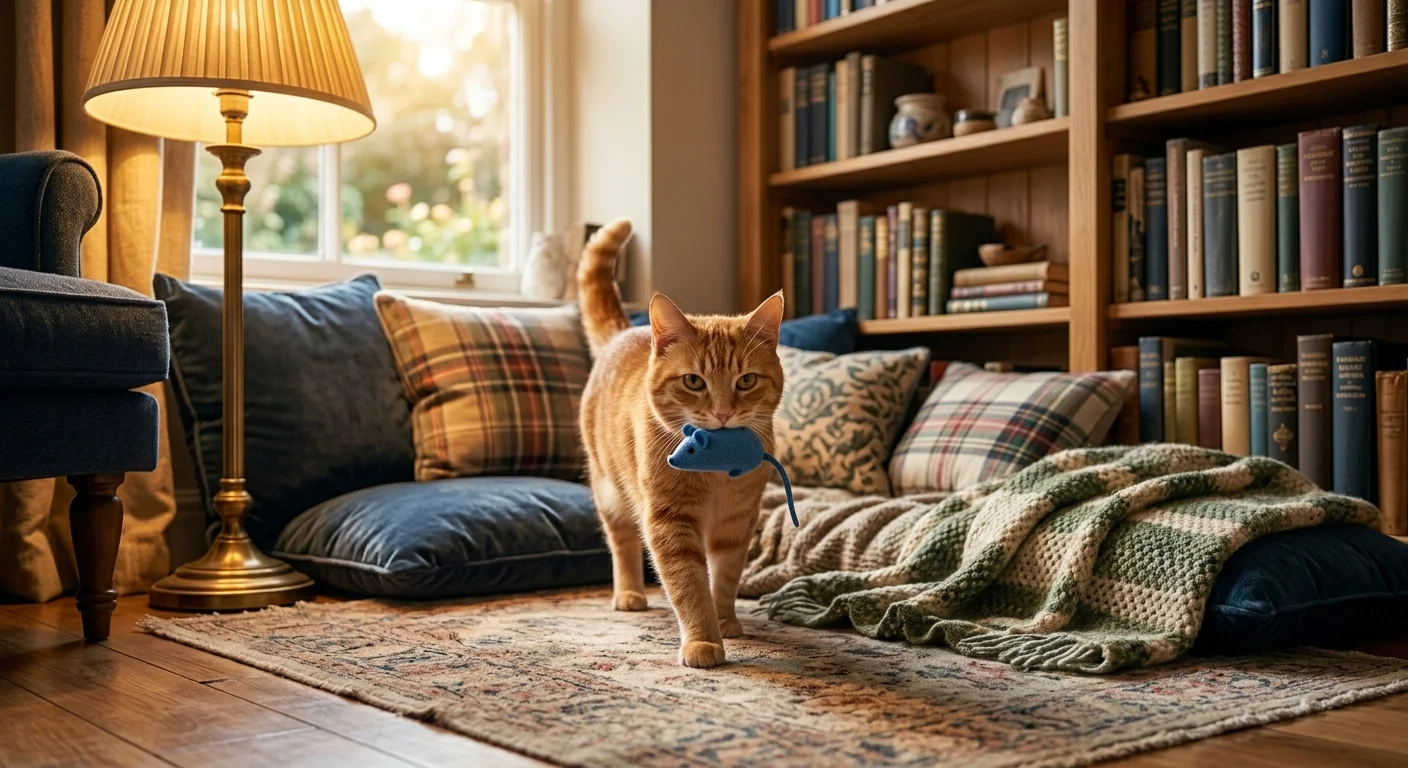 Cat carrying a favorite toy to a safe resting place