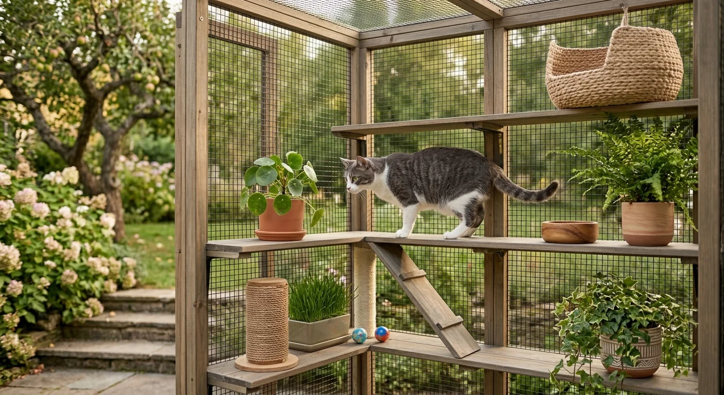 Cat enjoying safe supervised outdoor access in a catio