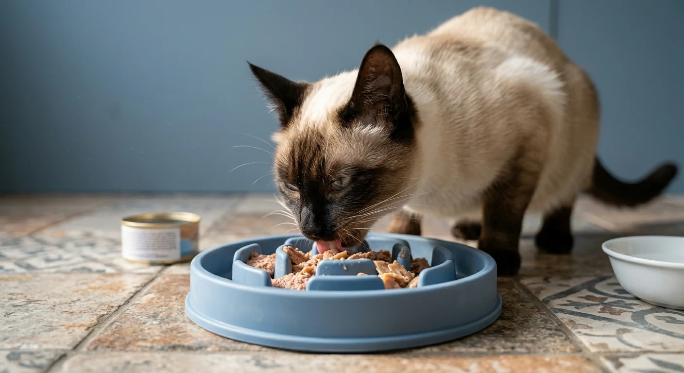 Cat eating from a slow feeder bowl