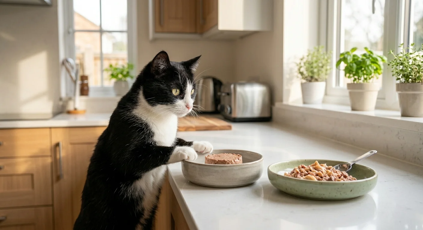 Cat near different foods after a diet change