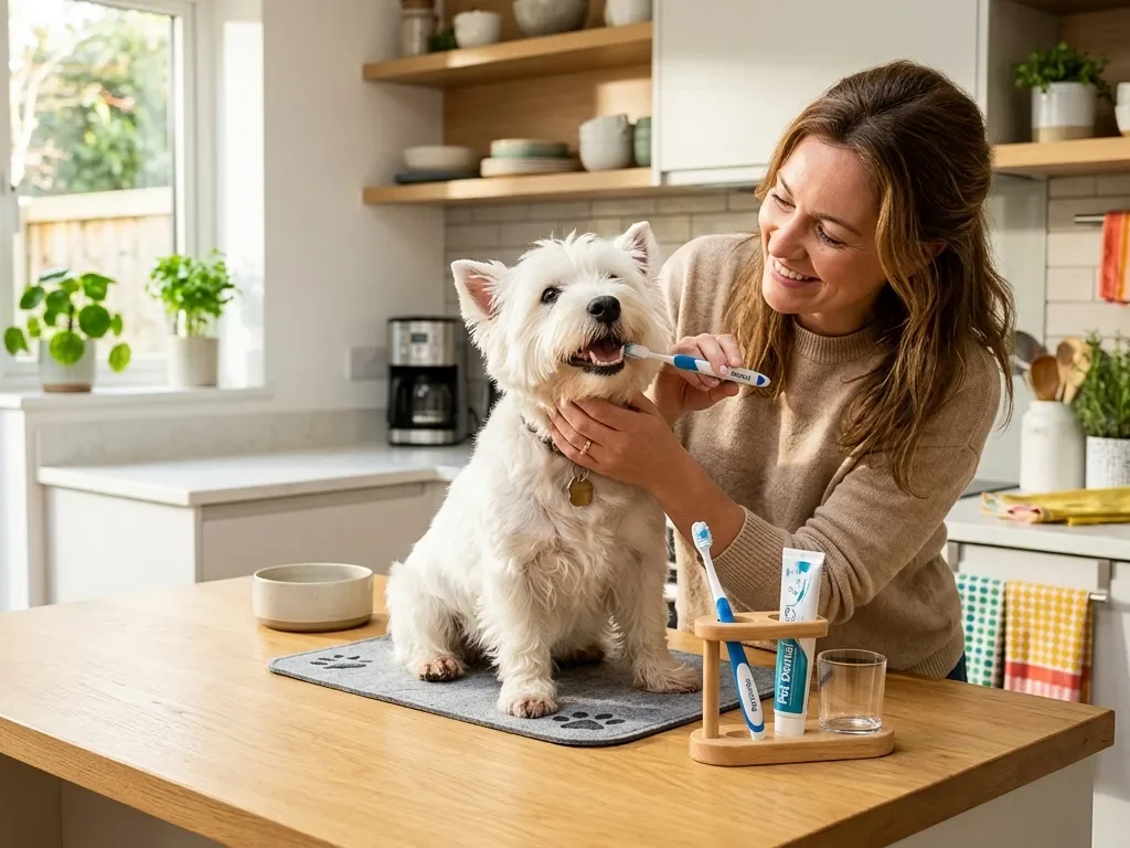 Owner brushing a small terrier’s teeth for dental care