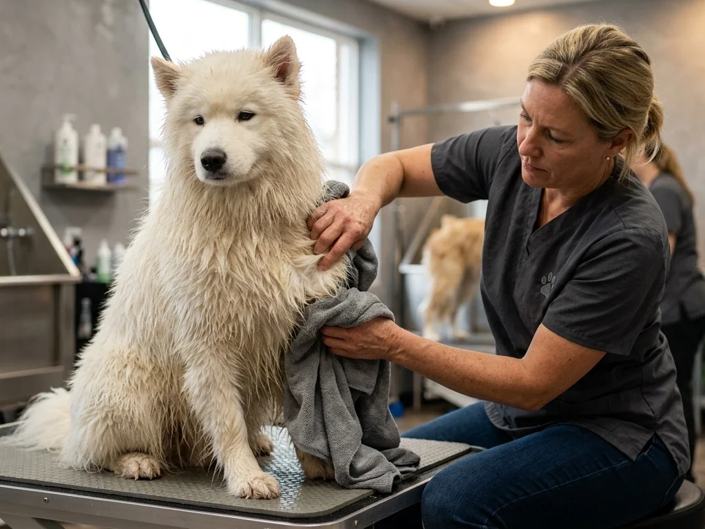Groomer drying a Samoyed’s thick damp undercoat after a bath