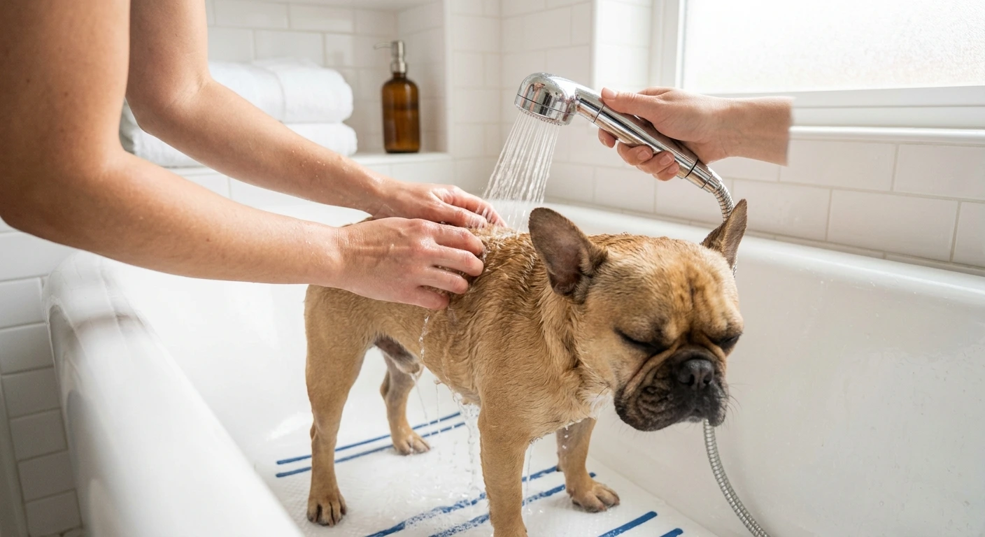 French bulldog being thoroughly rinsed after shampoo