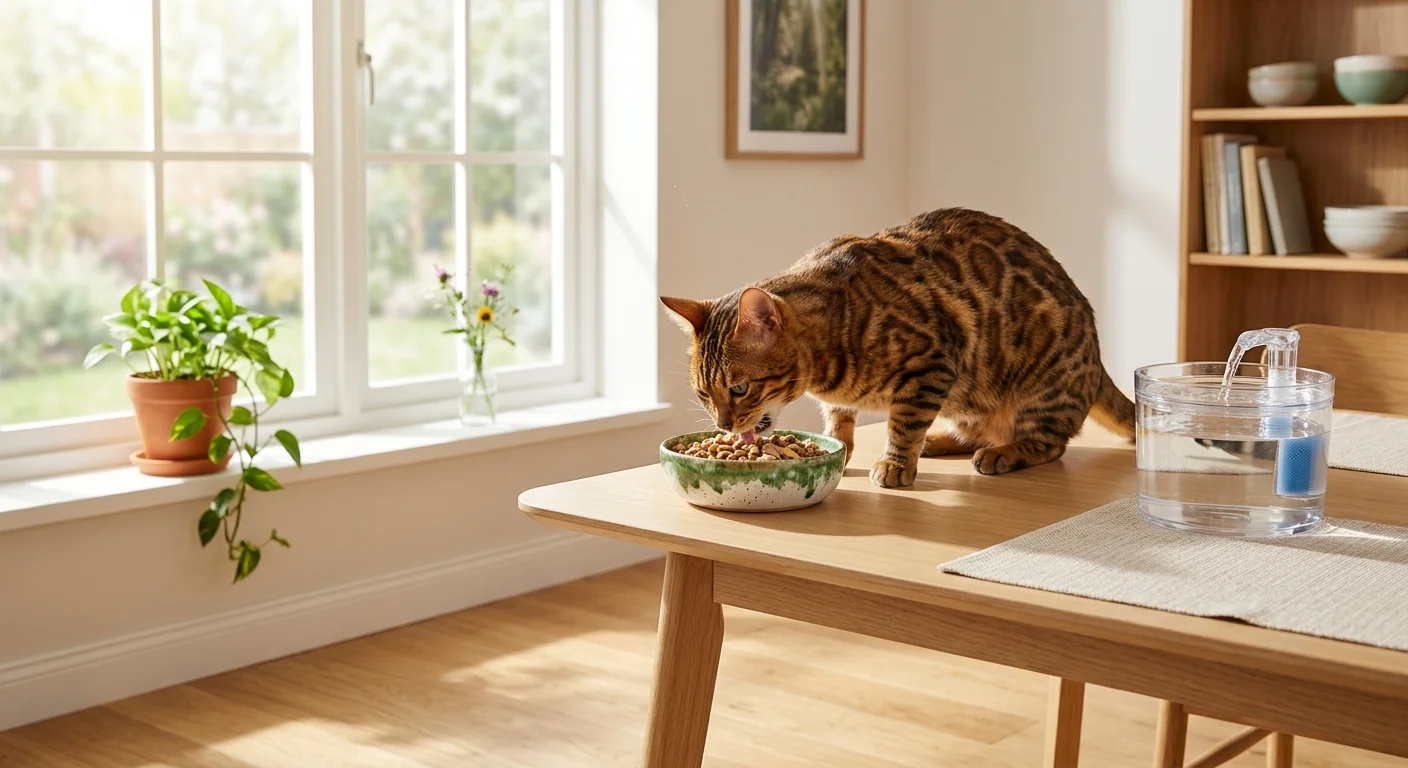 Cat eating a measured balanced meal with fresh water