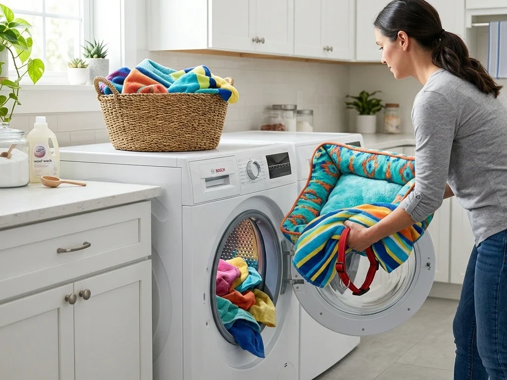 Dog bedding, towels, and collar being washed to remove odor